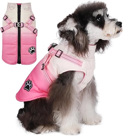 Norbi Dog Winter Coat, Gradient Dog Coat with Harness Reflective Adjustable Straps Warm Dog Coats, Stylish Dog Jacket Vest for Small Medium Dogs (Small, Gradient Pink)
