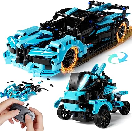 STEM Building Toys for Kids 6-12, 2in1 Remote & APP Controlled Car/Shark STEM Building Kit, Remote Control Car 466 Pcs Educational Learning Building Blocks for Kids, RC Car Toy Set for Boys Girls Blue