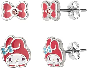 Sanrio Hello Kitty Stud Earrings for Women Official License 2-Pair Pack, Silver Flash-Plated and Crystal Hello Kitty Earrings