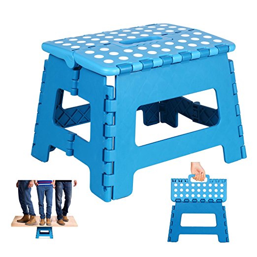 Heim & Elda Folding Step Stool, Super Strong Plastic 9 Inch Step Stool for Kids and Adults with Handles, Blue