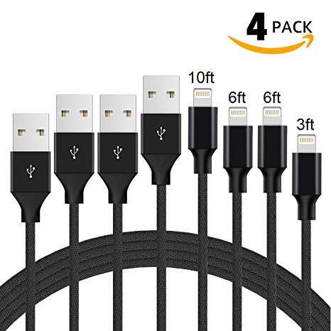 Lightning cable, UPMSX 4 PACK [3FT/6FT/6FT 10F] iPhone Cable,Nylon Braided iPhone Cord to USB Charging Charger for iPhone X/8/8 Plus/7/7 Plus/6/6 Plus/6s/6s Plus/5/5s/5c/SE and More (Black)