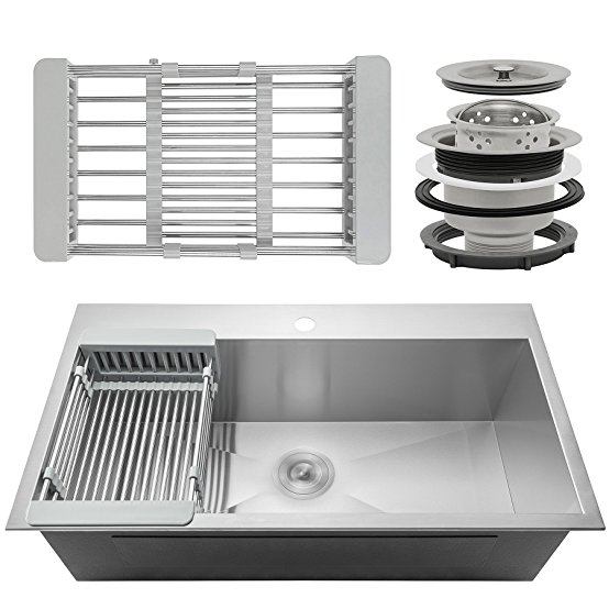 Firebird 30" x 18" x 9" 18 Gauge Handmade Stainless Steel Topmount Kitchen Sink w/ Strainer & Adjustable Dish Tray