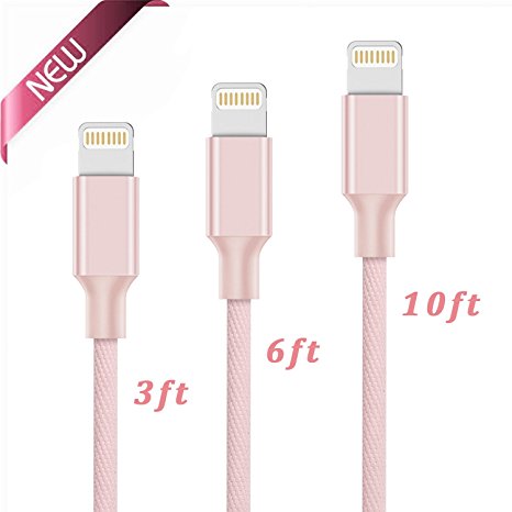iPhone Charger Cable, LUXEAR 3 Pack 3ft 6ft 10ft Lightning to USB Cables Charging Cord Charge and Sync for iPhone 7, 6s, 6s Plus, 5s, 5, SE, iPad air 2 iPad mini，Pink Rose Gold