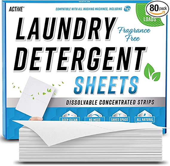 Laundry Detergent Sheets Eco Washing Strips - 80 Loads Package, Free & Clear Liquidless Clothes Washer Sheet, Zero Waste Travel Laundry Strip, Dissolvable Space Saving Sheets For HE - Fragrance Free