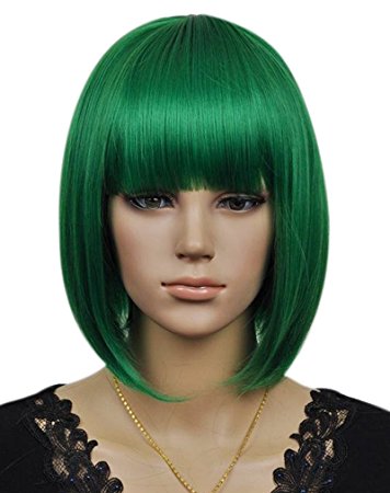 Kalyss® Women's Cosplay Party Kanekalon Synthetic Fiber Short Straight Dark Green Bob Hair Full Wigs