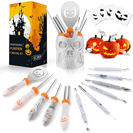 Pumpkin Carving Kit, Pumpkin Carving Tools, 11 Pcs Professional Halloween Pumpkin Carving Kit for Kids and Adults ( 4 Stencils and 1 Skull Storage Bucket Included)