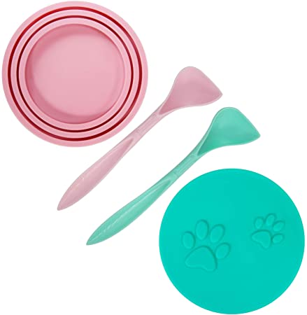 SLSON 2 Pack Pet Food Can Cover Universal Silicone Cat Dog Food Can Lids 1 Fit 3 Standard Size Can Tops with 2 Spoons,Pink and Green
