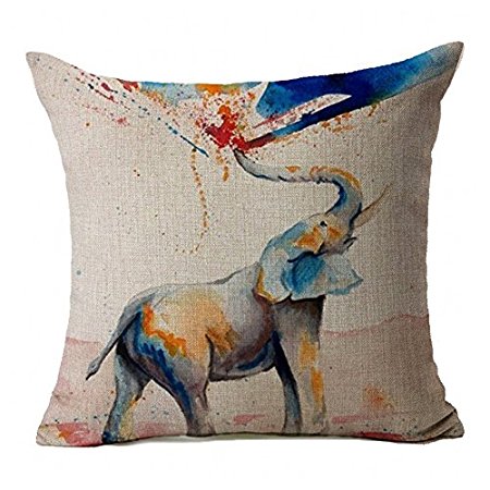 Onker Cotton Linen Square Decorative Throw Pillow Case Cushion Cover 18" x 18" Watercolor Cute Indian Elephant