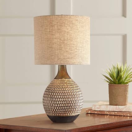 Emma Mid Century Modern Accent Table Lamp Brown Ceramic Drum Shade for Living Room Bedroom Bedside Nightstand Office Family - 360 Lighting