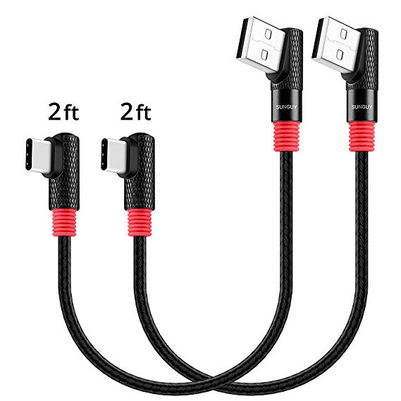 Right Angle USB C Cable,SUNGUY (2ft/0.6M, 2-Pack) Short Nylon Braided 90 degree USB-C Fast Charging Data Sync Cable for Samsung Galaxy S9 S8 Plus, Google Pixel 2 XL, OnePlus 5T More (Black)
