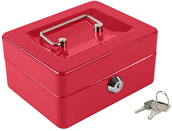 Kyodoled Cash Box with Money Tray,Small Fire Resistant Safe Lock Box with Key,Cash Drawer,5.91"x 4.72"x 3.15" Red Small