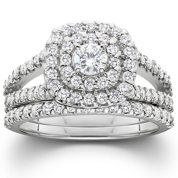 1 110ct Cushion Halo Diamond Engagement Wedding Ring Set 10K White Gold