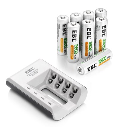 EBL Pack of 8 AA Rechargeable Batteries with Individual AA AAA Battery Charger