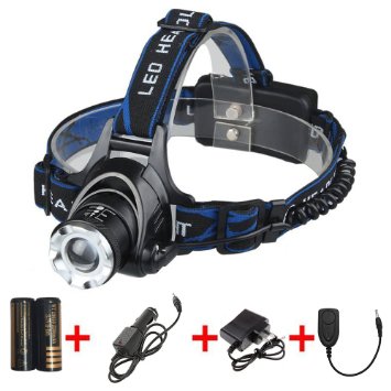 LED Headlamp with Rechargeable Batteries and Car Charger and Ac Charger and USB Cable Adjustable Zoomable 3 Modes Super Bright Headlight Hands Free Flashlight
