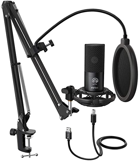 Fifine USB microphone, PC laptop microphone, Condenser microphones and stand, studio quality recording microphone USB. Black (black set)