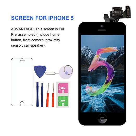 iPhone 5 Screen Replacement With Home Button - MAFIX Full Pre-assembly LCD Display Digitizer Touch Screen Kit Include Repair Tools & Screen Protector, Black
