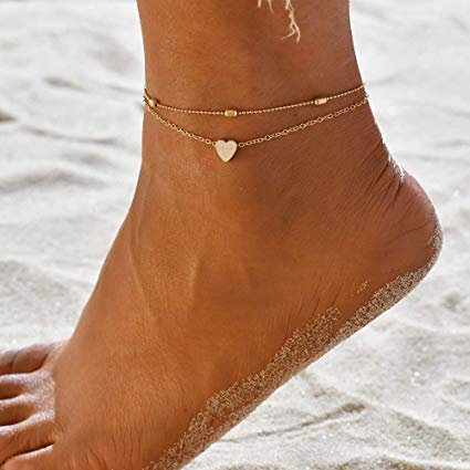 Artmiss Layered Anklets Women Heart Gold Ankle Bracelet Charm Beaded Dainty Foot Jewelry for Women and Teen Girls Summer Barefoot Beach Anklet