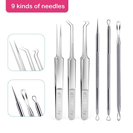 ETEREAUTY Blackhead Remover Kit Curved Tweezers Comedone Extractor Tool for Blemish, Whitehead Popping, Zit Removing (6pcs)