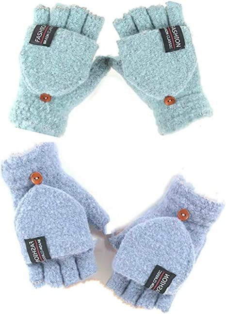 Women's & Men's USB Heated Gloves Knitting Hands Full & Half Heated Fingerless Heating Warmer with Button Washable Design, Mitten Winter Hands Warm Laptop Gloves [2 Pack] (Mint Blue)