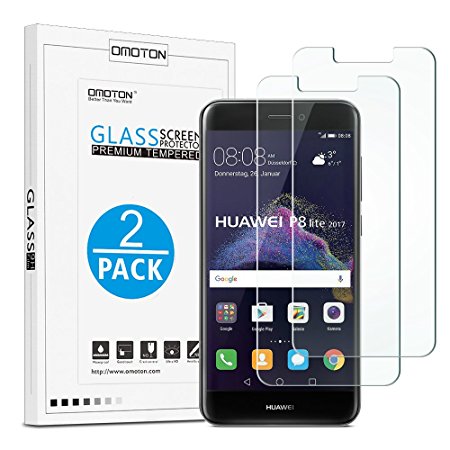 [2 Pack] Huawei P8 Lite (2017) Screen Protector, OMOTON Tempered Glass Screen Protector with [2.5D Round Edge] [9H Hardness] [Crystal Clearity] [Scratch-Resistant] [No-Bubble] for Huawei P8 Lite (2017), 5.2 Inch