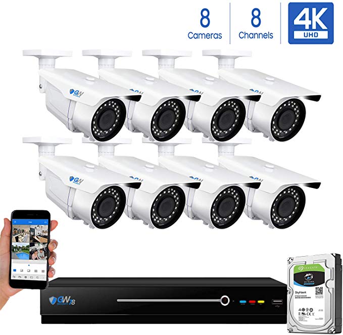 GW 8 Channel 4K NVR 8MP (3840x2160) H.265 PoE Security Camera System - 8 x UltraHD 4K 2.7~13.5mm Varifocal Zoom 196ft IR 2160p IP Cameras - 8 Megapixel (Four Times The Resolution of 1080p Full HD)