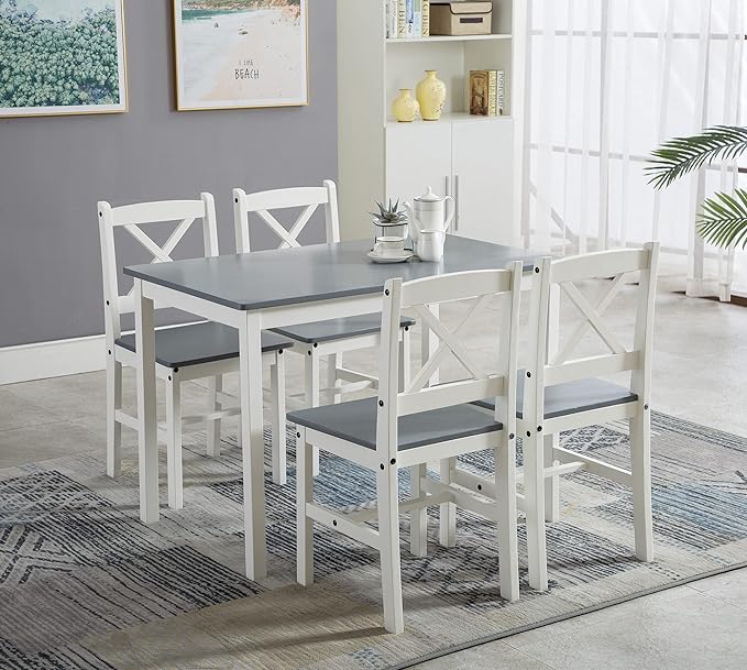 mcc direct Classic Solid Wooden Dining Table and 4 Chairs Set Kitchen Home [Grey/White/natural] (Grey)