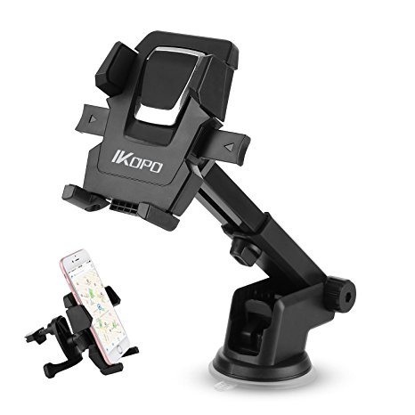 IKOPO 3-in-1 360° Rotating One Touch Car Mount Universal Phone Holder for iPhone 7 Plus 6s Plus SE Samsung Galaxy S8 Edge S7 S6 Note 5(Black)