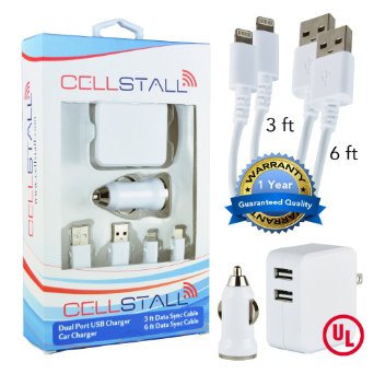 Cellstall iPhone Accessories, All iPhone 5 and 6 Models. Includes Car and Dual USB Wall Charger, UL Certified. 3ft and 6ft Lightning Cables White