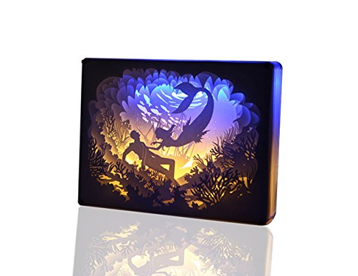 TEAM WORK Papercut Light Boxes ( Mermaid ), Creative Bedside Lamp of Remote Control , Soothing Light for Contemporary Living Spaces，3D Shadow Box USB LED Light
