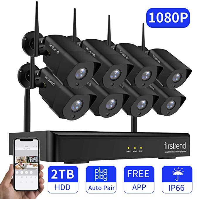 Security Camera System, Firstrend 1080P Security Camera System Wireless with 8pcs HD Outdoor Indoor Security Camera 65ft Night Vision IP66 Waterproof,P2P Surveillance Camera System with 2TB Hard Drive