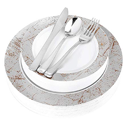 Fancy Disposable Dinner Plates with Cutlery - 125 Piece Silver Plastic Party Plates and Silverware for Weddings, Receptions, Buffets - Service for 25 Guests Disposable Plates for Party (Silver Marble)
