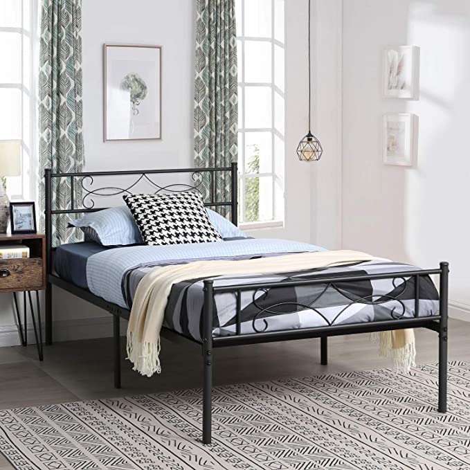 VECELO Black Twin Metal Bed Frame with Headboard & Footboard Premium Steel Slat Support No Box Spring Needed Noise-Free Anti-Slip Easy Assembly