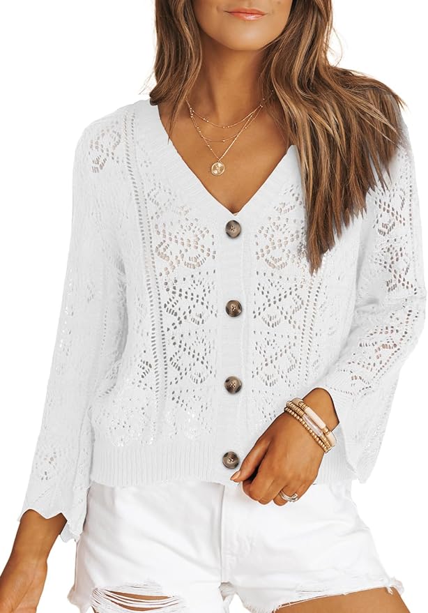 Dokotoo Womens Long Sleeve Cropped Cardigan Sweaters Crochet Knit Bolero Shrug V Neck Button up Tops