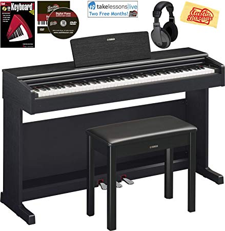 Yamaha Arius YDP-144 Traditional Console Digital Piano - Black Bundle with Furniture Bench, Headphones, Fast Track Music Book, Online Lessons, Austin Bazaar Instructional DVD, and Polishing Cloth