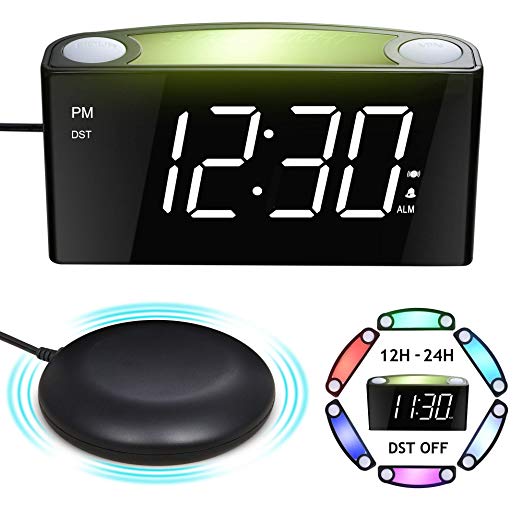 Mesqool Loud Alarm Clock Bed Shaker, Powerful Vibrating for Heavy Sleepers, Deaf, Hearing-Impaired, Kid Bedroom, 7-Color Nightlight, Large Digital Display, Full Range Dimmer, 12/24, 2 USB Port Charger
