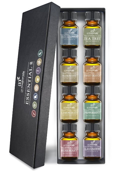 Art Naturals Top 8 Essential Oils - 100% Pure Of The Highest Quality Essential Oils - Peppermint, Tee Tree, Rosemary, Orange, Lemongrass, Lavender, Eucalyptus, & Frankincense - Therapeutic Grade, Great For Massage, Aromatherapy, Healing, Revitalizing, SPA Treatments, Focus, Meditation and Much More