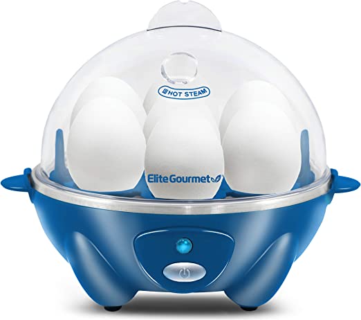 Elite Gourmet EGC700BL# Rapid Egg Cooker, 7 Easy-To-Peel, Hard, Medium, Soft Boiled Eggs, Poacher, Omelet Maker, Auto Shut-Off, Alarm, 16-Recipe Booklet, BPA-Free, Ocean