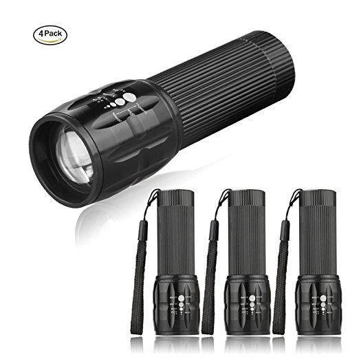 Adjustable Focus Cree LED Flashlight Torch - Super Bright 3 Light Modes - Best Tools for Camping Hiking Hunting Backpacking Fishing and BBQ (Pack of 4)