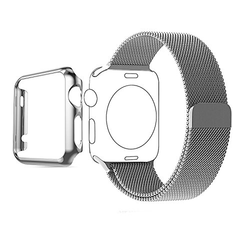 Apple Watch Strap Series 1, PUGO TOP Stainless Steel Magnetic Closure Clasp Bracelet Milanese Loop and PC Cover Case for Apple Watch Sport & Edition (Silver 38mm)