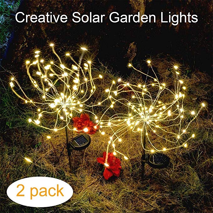 Outdoor Solar Garden Decorative Lights-Mopha Solar 105LED Powered 35Copper Wires Stake Landscape Light-DIY Flowers Fireworks Stars for Walkway Pathway Backyard Christmas party Decor (Warm White 2Pack)