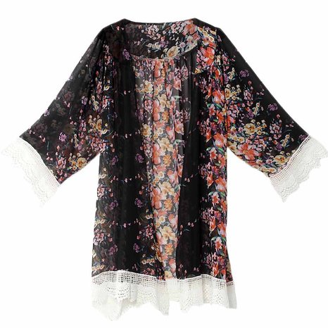 Relipop Women's Sheer Chiffon Blouse Loose Tops Kimono Floral Print Cardigan