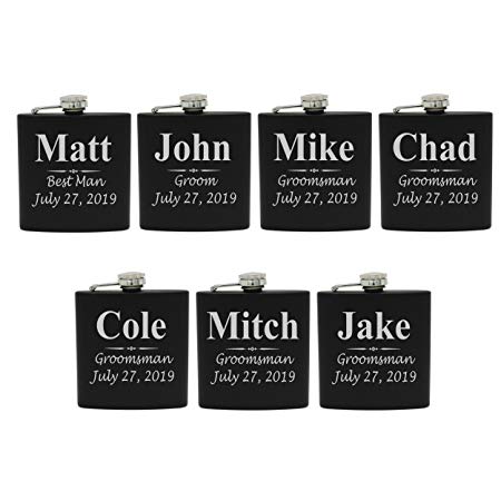 Set of 1, 2, 3, 4, 5, 6, 7, 8 Personalized Black Flask - Custom Engraved Groomsmen, Best Man, Groom Gift Flasks - 3 Lines Style (7)