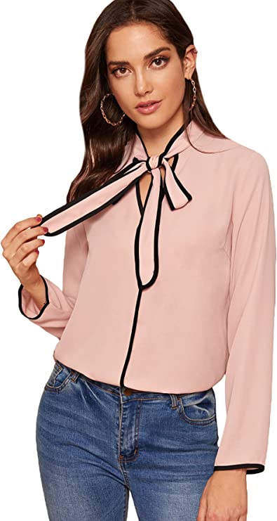 Milumia Women's Elegant Tie Mock Neck Long Sleeve Contrast Binding Blouse Work Tops