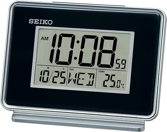 Seiko LCD Dual Alarm Calendar Clock-Black, 6x12x8 cm