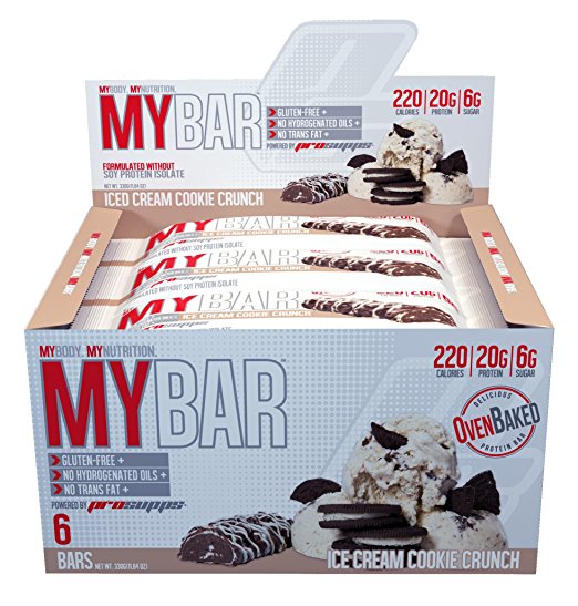 Pro Supps MYBAR Delicious Oven Baked Protein Bar (Ice Cream Cookie Crunch), 20g Protein, Only 6g Sugar, Gluten-free, No Trans Fat, Healthy on-the-go Snack. 6 Count, Net WT 1.94 ounces