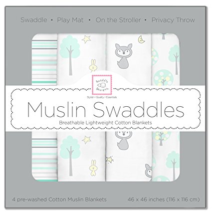 SwaddleDesigns Set of 4 Muslin Swaddle Blankets, Green Woodland