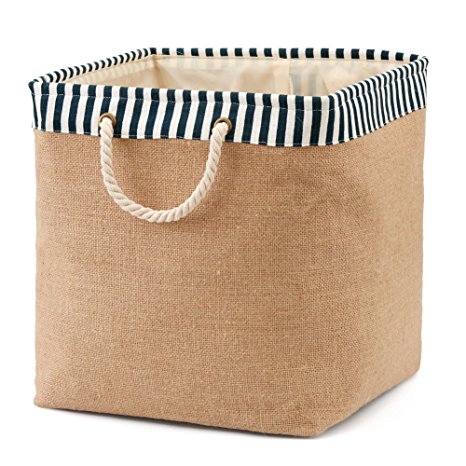 Folding Basket EZOWare Laundry Hamper Bucket Burlap Canvas Storage Container Bin For Office, Bedroom, Closet, Laundry, Toys & More - with Blue and White Trim