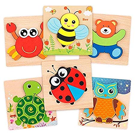 Beebeerun Wooden Jigsaw Puzzle Set, Wooden Color Shapes Puzzles for Toddlers 1 2 3 Years Old, Boys & Girls Educational Toys Gift with 6 Animals Puzzles