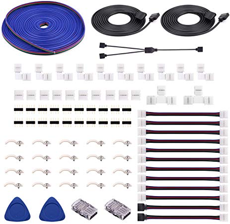 RGB LED Strip Connector Kit - include 5050 4Pin 2 Way RGB Splitter Cable, 6.6ft RGB Extension Cable, RGB Controller Jumper, LED RGB Jumper, L & T Shape Connectors, Quick Connector, LED Strip Clips