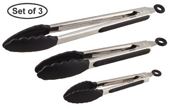 Set of 3 - 7, 9, 12 Inch Heavy Duty, Non-stick, Stainless Steel Kitchen Tongs for Barbeque, Cooking, Grilling Turner - A Serving and Feeding Set for Your Kitchen Collection (Black )